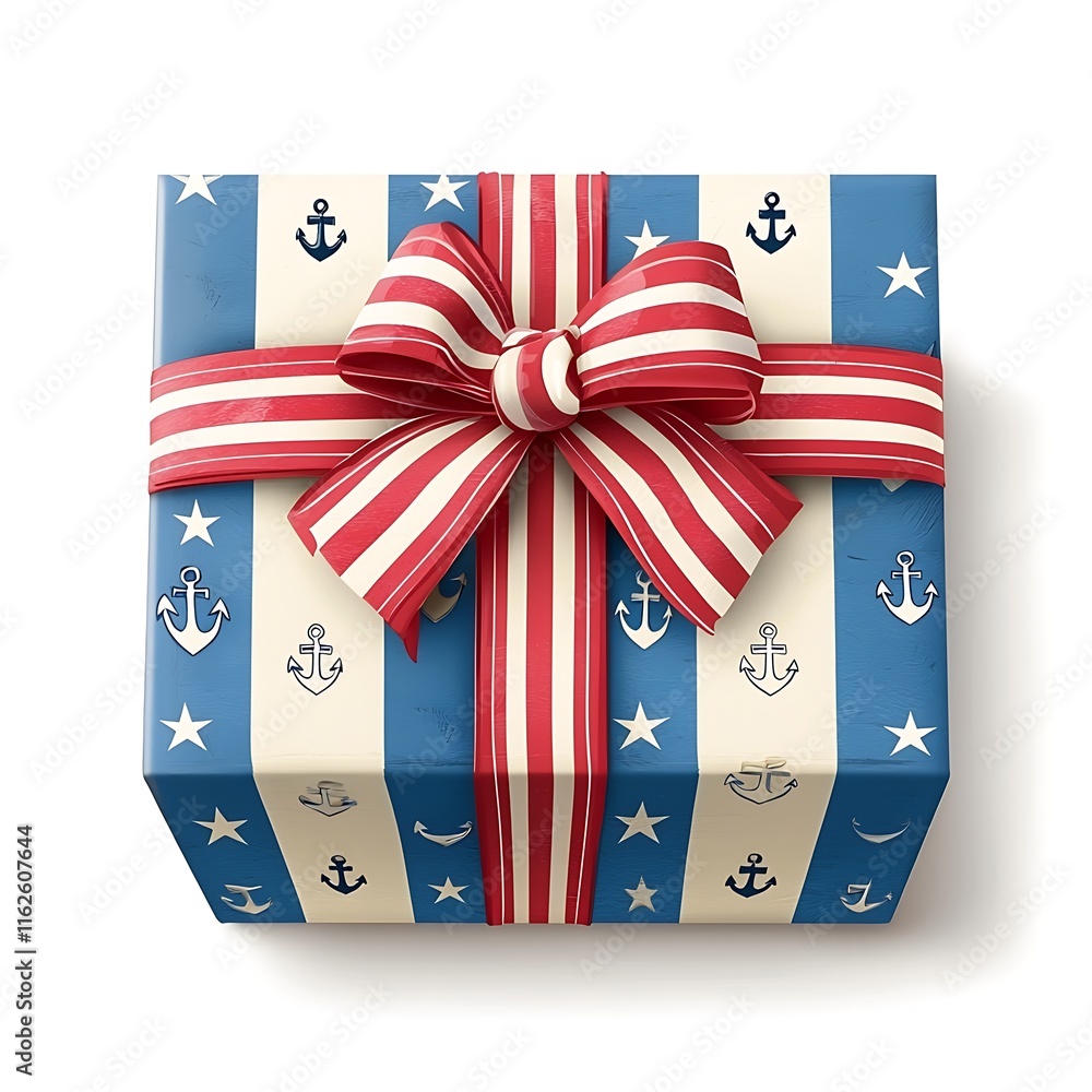 Fototapeta premium A square gift box with a nautical-themed design, wrapped in red, white, and blue striped ribbon, and decorated with anchors and stars.