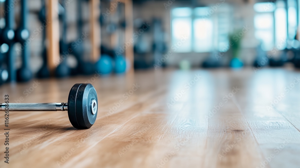 Dumbbell is laying on the floor in a gym. The dumbbell is black and silver Dumbbell is laying on the floor in a gym. The dumbbell is black and silver