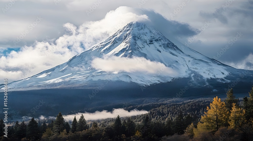 Majestic snow-capped mountain peak shrouded in clouds, with a foreground of autumnal forest. Majestic snow-capped mountain peak shrouded in clouds, with a foreground of autumnal forest.