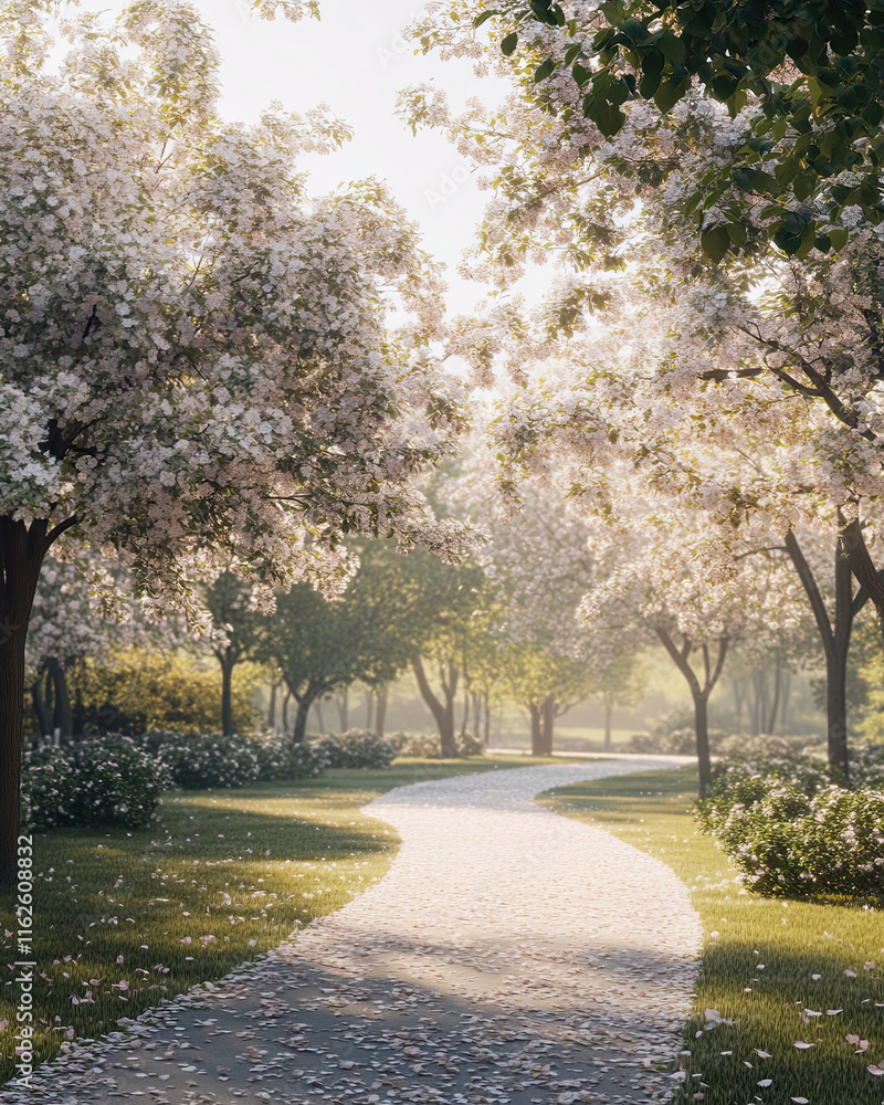 Obraz premium Blooming Cherry Blossoms in a Peaceful Park with Soft Sunlight and Scattered Petals