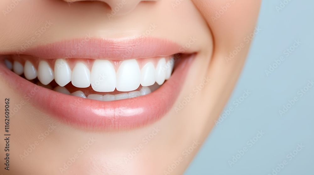 Fototapeta premium Woman with a white smile. Her teeth are clean and white. She is smiling