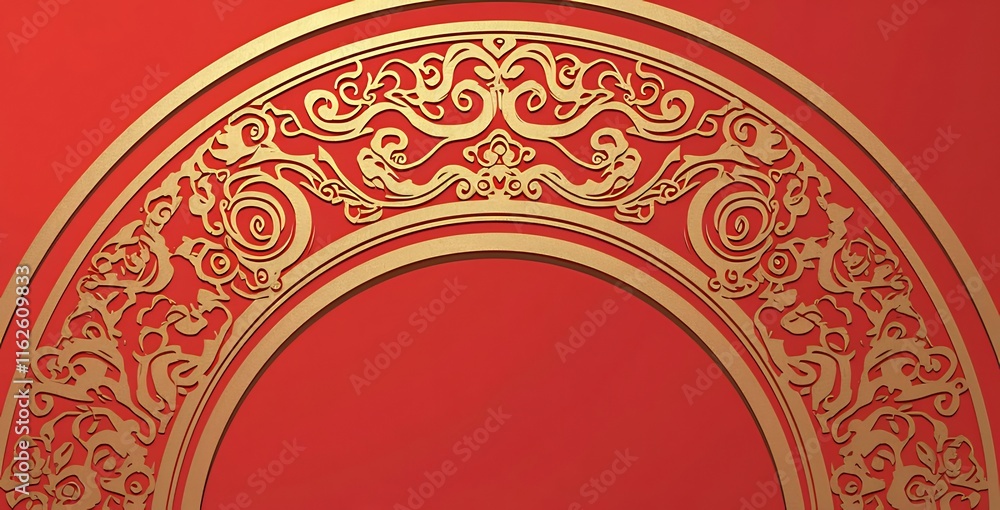 Red background with gold ornate circular design. Red background with gold ornate circular design.