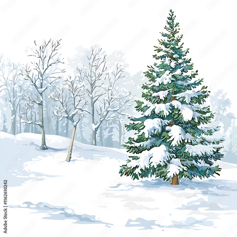 Fototapeta premium A Snow-Covered Evergreen Tree Stands Tall in a Winter Wonderland Landscape.