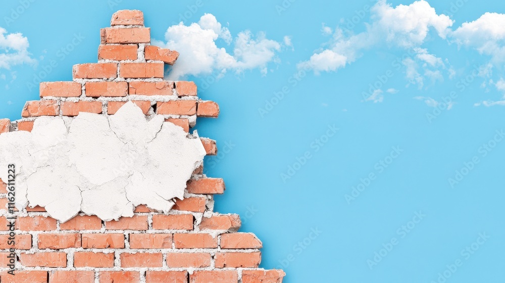 Obraz premium Broken Brick Wall with Blue Sky and White Clouds Background