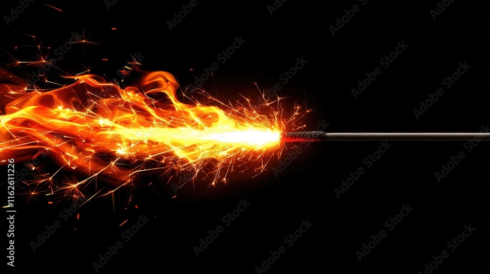 Dynamic Fire and Sparks Emanating from a Metal Rod on Black Background Dynamic Fire and Sparks Emanating from a Metal Rod on Black Background