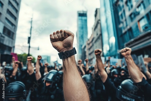 Protesters raise fists in solidarity during a rally in the city streets under cloudy skies photo