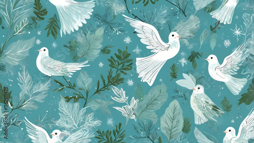 Winter seamless pattern christmas packaging, textiles, wallpaper illustration. Angel, birds leaves modern trational Christmas - light blue and green photo