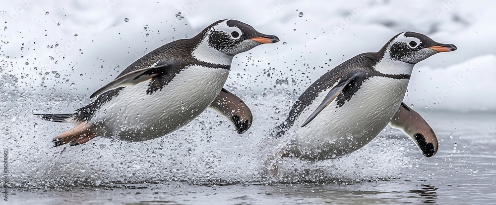 Fototapeta premium Two gentoo penguins leaping playfully through icy water, creating a splash.