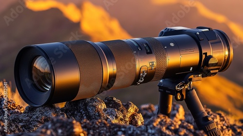 Telephoto lens resting on rocks at golden hour sunrise. photo