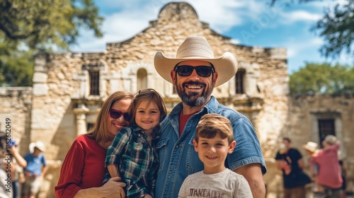Family enjoying a sunny day at the alamo mission in san antonio, texas