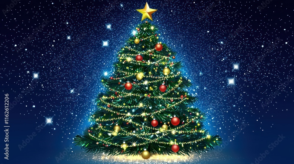 A Decorated Christmas Tree Glows Brightly Against A Dark Blue Night Sky A Decorated Christmas Tree Glows Brightly Against A Dark Blue Night Sky