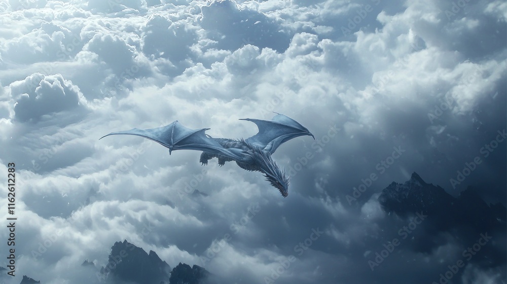Fototapeta premium Majestic Ice Dragon Soaring Above Clouds and Mountains