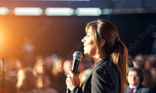 Middle aged woman motivational speaker at a conference speaking at public