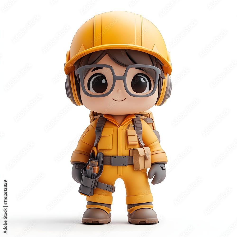 A charming 3D-rendered image showcasing a cute, young construction worker with a backpack and tools. Adorable 3D geologist Character A charming 3D-rendered image showcasing a cute, young construction worker with a backpack and tools. Adorable 3D geologist Character