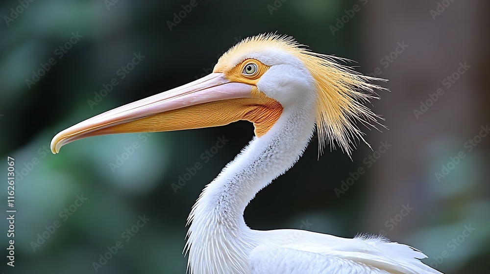 Close-up profile of a majestic white pelican with vibrant yellow beak and plumage. Close-up profile of a majestic white pelican with vibrant yellow beak and plumage.