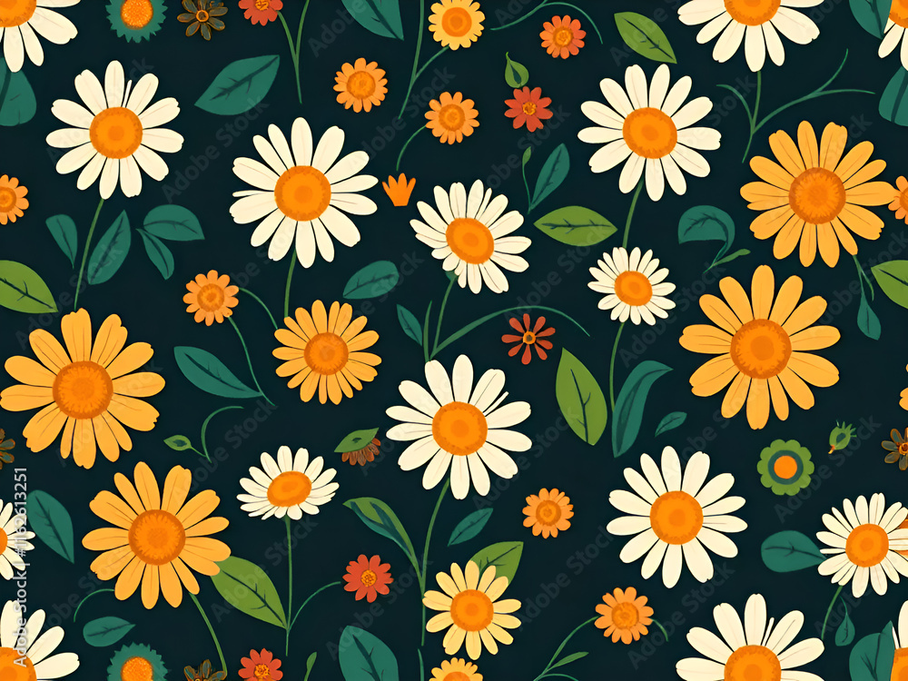 Artistic illustration. Background with orange daisies on the grass in a simple modern style Artistic illustration. Background with orange daisies on the grass in a simple modern style