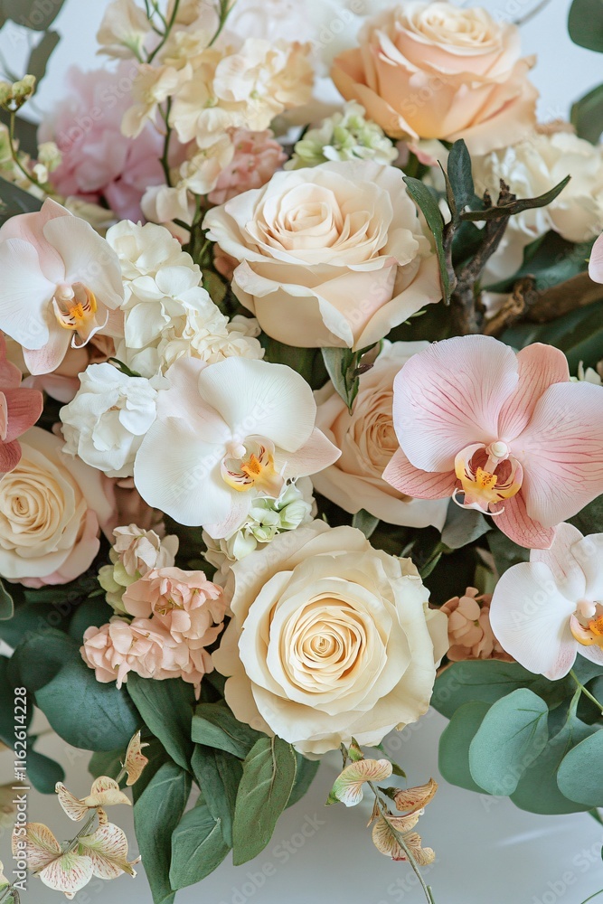 Fototapeta premium Elegant Pastel Roses and Orchids Flower Arrangement