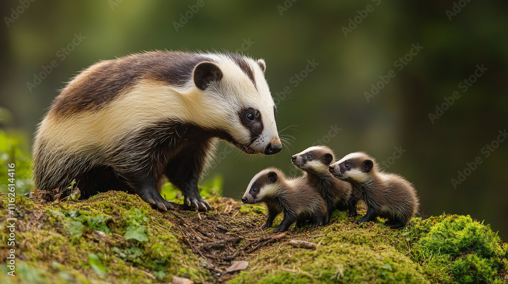 Mother badger and her playful cubs in a lush forest setting during the day Mother badger and her playful cubs in a lush forest setting during the day