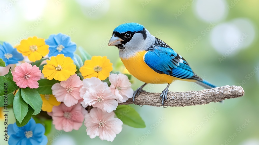 Obraz premium Colorful Bird on Branch with Spring Flowers