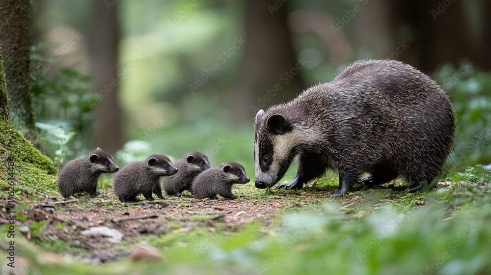 Fototapeta premium Mother badger and her cubs exploring the forest in the early morning light