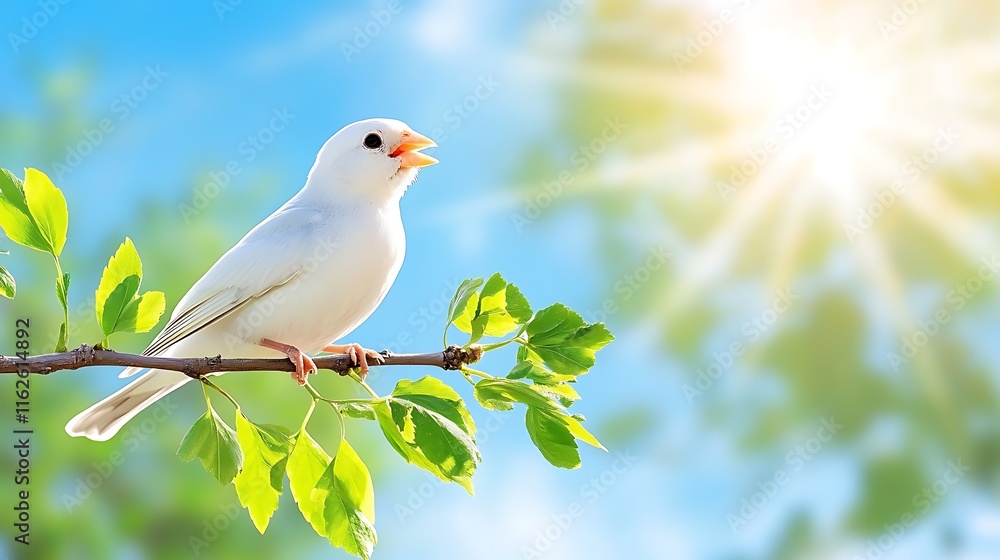 Obraz premium White Bird on Branch Spring Sunshine Green Leaves