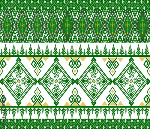 Intricate Ethnic Geometric Patterns: A Fusion of Tradition and Modern Design fabric is green color.Traditional Thai textile pattern with intricate motifs, inspired by classic Thai textile art.