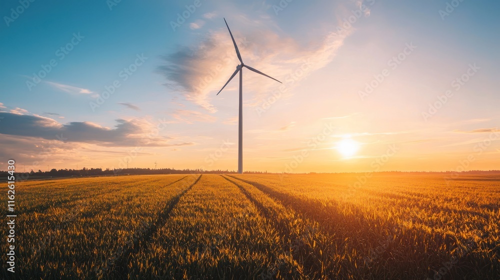 Obraz premium Wind Turbine in Golden Field at Sunset