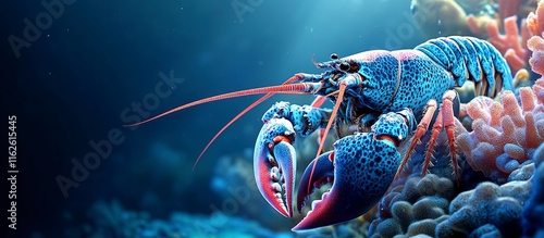 Fototapeta Naklejka Na Ścianę i Meble -  Vibrant blue lobster in coral reef habitat.