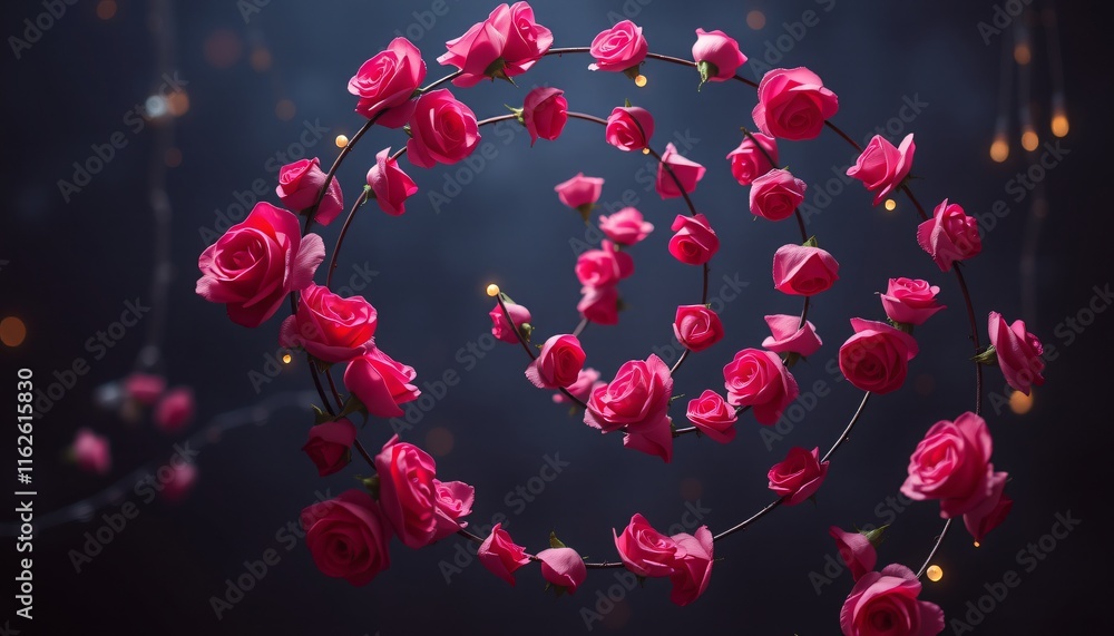 Spiral of roses floating mid-air, defying gravity as they curl upwards in shades of pink, red, and violet, The roses have a weightless quality, surrounded by soft, twinkling lights. Spiral of roses floating mid-air, defying gravity as they curl upwards in shades of pink, red, and violet, The roses have a weightless quality, surrounded by soft, twinkling lights.