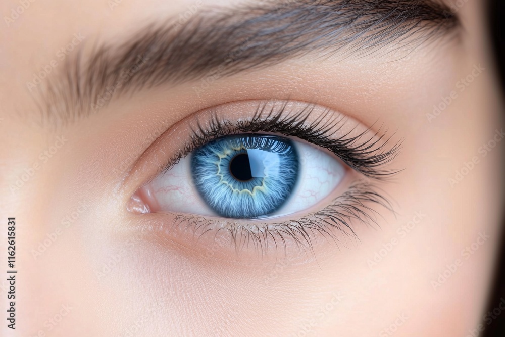 Detailed close-up of a womana??s bright ocean-blue eye, with subtle gradients and intricate textures in the iris, captured in Detailed close-up of a womana??s bright ocean-blue eye, with subtle gradients and intricate textures in the iris, captured in