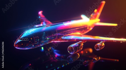 Vibrant, translucent airplane against dark background.