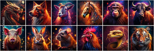 set of twelve thumbs of chinese zodiac, china astrology concept 