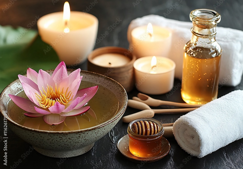 Serene Spa Setting: Lotus Flower, Candles, Honey, and Towels Serene Spa Setting: Lotus Flower, Candles, Honey, and Towels