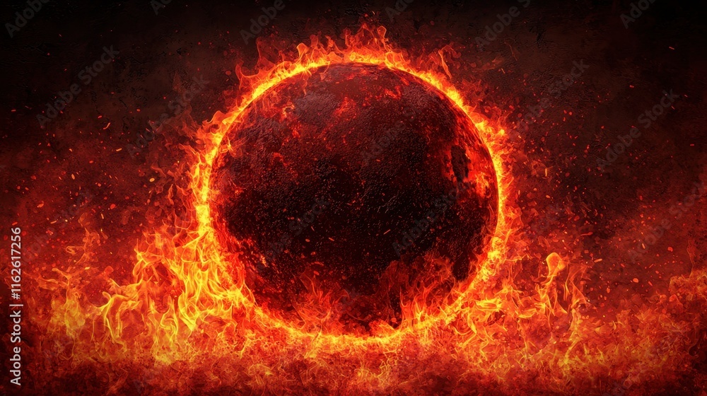 Fototapeta premium Fiery Abstract Background with a Dark Sphere Surrounded by Flames