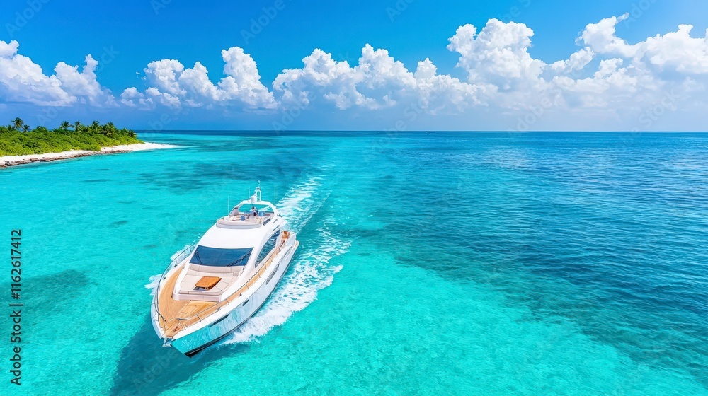 Luxury yacht cruising over turquoise waters with vibrant clouds in a bright blue sky Luxury yacht cruising over turquoise waters with vibrant clouds in a bright blue sky