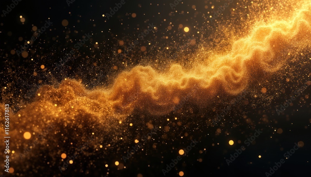 Fototapeta premium Abstract illustration shows gold dust swirling against dark background. Particles of light, gold create dynamic effect like golden cloud. Evokes energy, movement. Design represent mystical magical