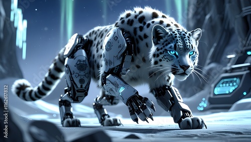 A highly detailed, photorealistic depiction of a cybernetically enhanced snow leopard. The creature has glowing blue eyes, metallic plates integrated into its fur, and robotic limbs  photo