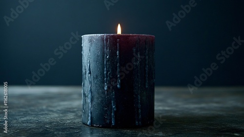 Burning Dark Gray Pillar Candle on Tabletop photo