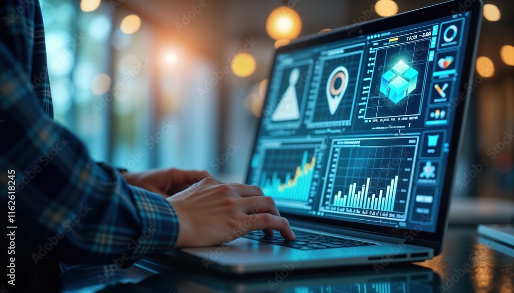 Person uses laptop computer for online shopping business. Person analyzes data, product information. Modern tech tools, data analytics for ecommerce. Business owner researches products, manages Person uses laptop computer for online shopping business. Person analyzes data, product information. Modern tech tools, data analytics for ecommerce. Business owner researches products, manages