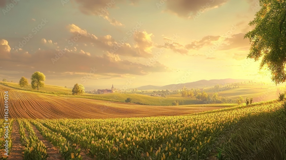 Serene Sunset Over Rolling Fields And Village Serene Sunset Over Rolling Fields And Village