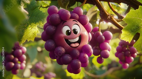 Happy Cartoon Grape Hanging On Vine photo