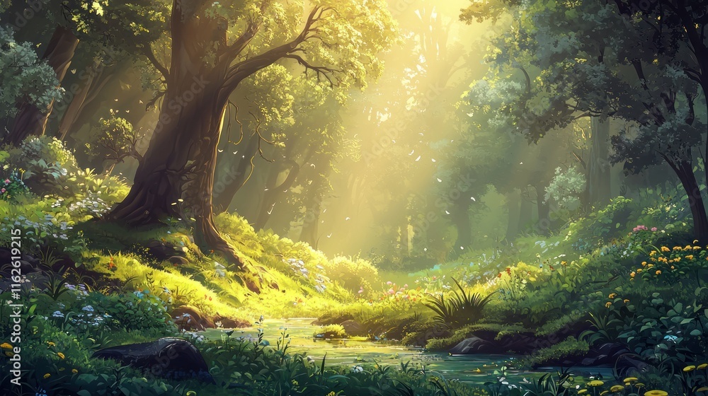 Fototapeta premium Sunlit Forest Stream With Lush Green Flora And Trees