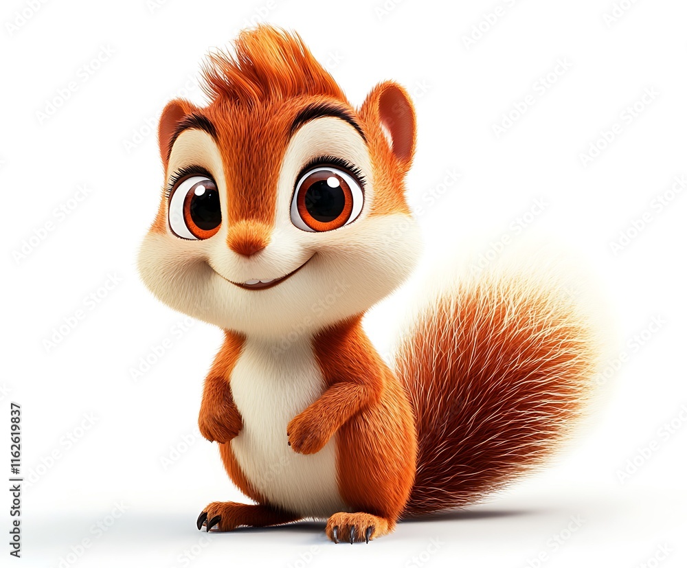 Fototapeta premium Adorable cartoon squirrel with big eyes and bushy tail, isolated on white.