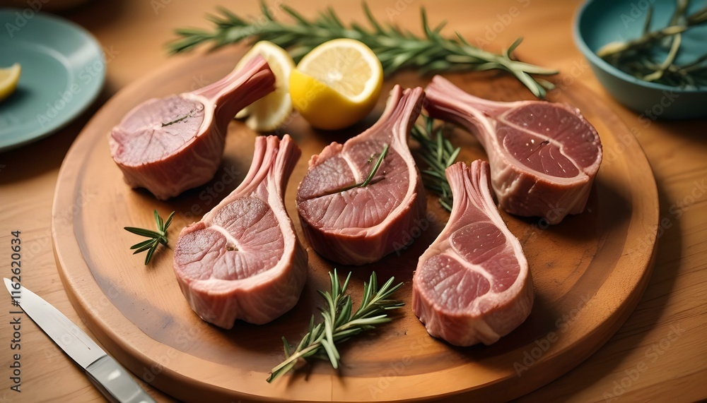 Chuletas de cordero crudas con romero y limón sobre una tabla de madera Chuletas de cordero crudas con romero y limón sobre una tabla de madera