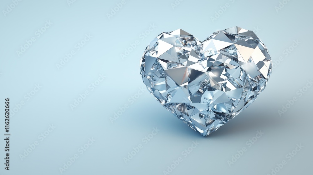 Shimmering Heart-Shaped Crystal on Soft Blue Background Shimmering Heart-Shaped Crystal on Soft Blue Background