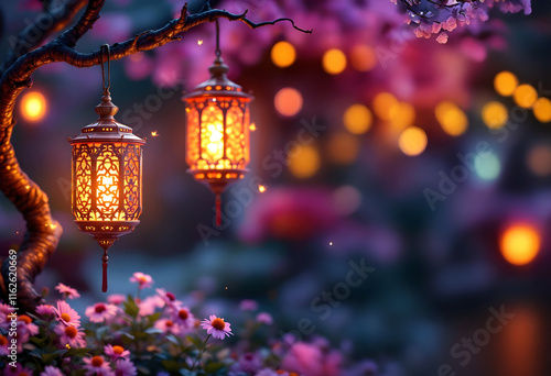 Islamic Festival Ramadan Lanterns on Tree Branches with Beautiful Bokeh