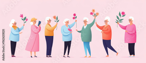 Celebrating joy, group of senior women in colorful clothing hold flowers and books, showcasing their vibrant personalities and connection