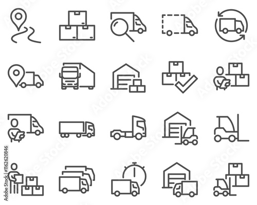 Simple Set of Truck Logistics Related Vector Line Icons. Contains such Icons as Cargo Inspection, Route, Forklift at warehouse and more. Editable Stroke.