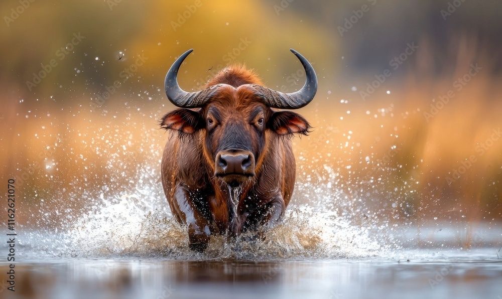 Naklejka premium Majestic Buffalo Splashing Through Water in Golden Marshlands During Sunrise
