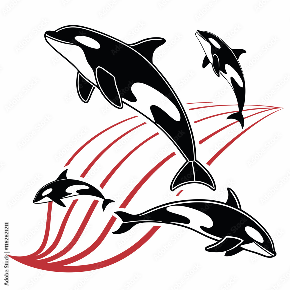 Naklejka premium A bold, minimalist design featuring black-and-white orca whales in dynamic, leaping poses, combining simplicity and powerful movement.
